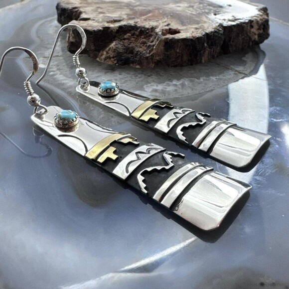 Tommy & Rosita Singer Sterling & Gold Filled Turquoise Elongated Dangle Earrings - Picture 3 of 10